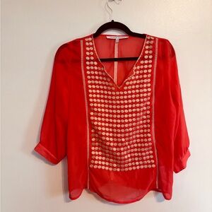 Collective Concepts Orange red semi sheer tunic with embroidered front size xs